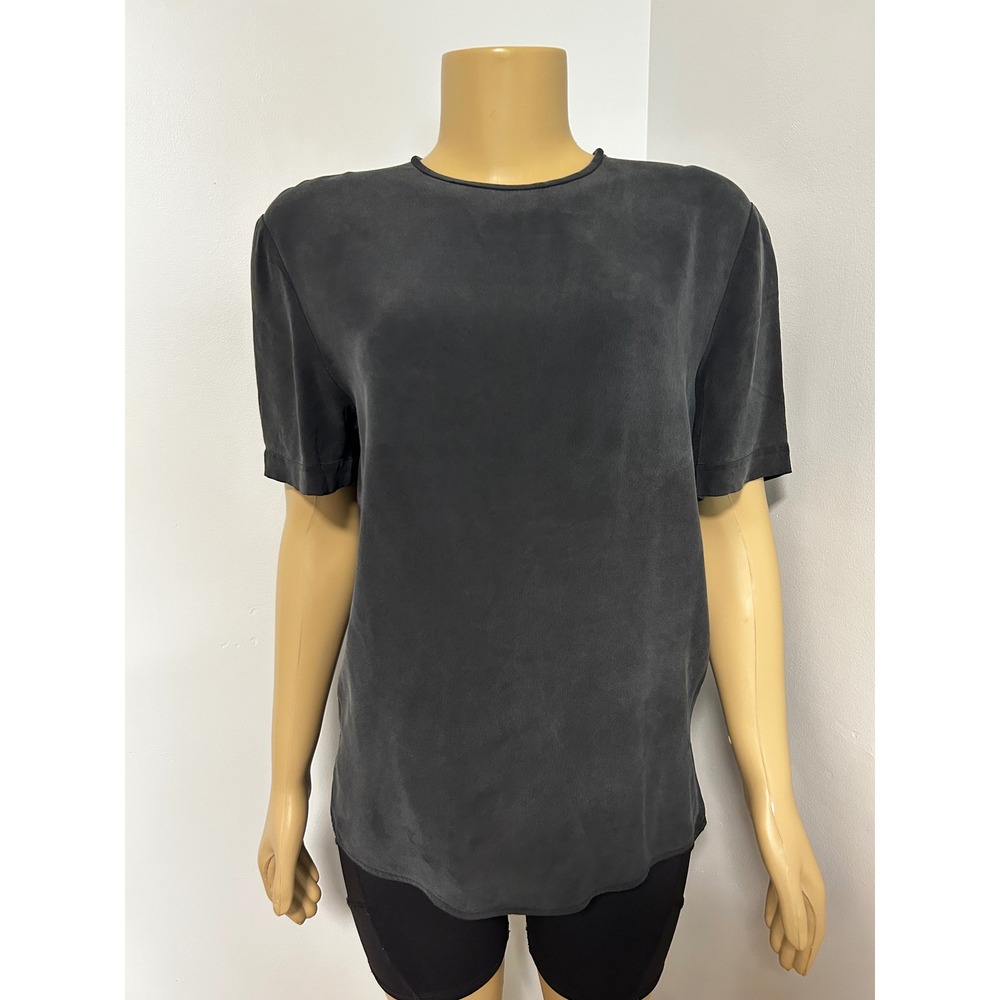Due Per Due Womens 100% Silk Short Sleeve Blouse Charcoal Gray Minimalist Top 10